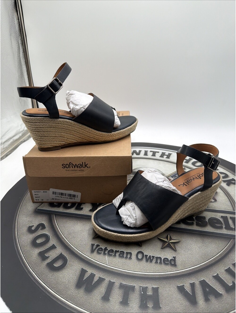 SoftWalk Hilo Women's Leather Espadrille Wedge Sandal - Navy Size 8 Wide